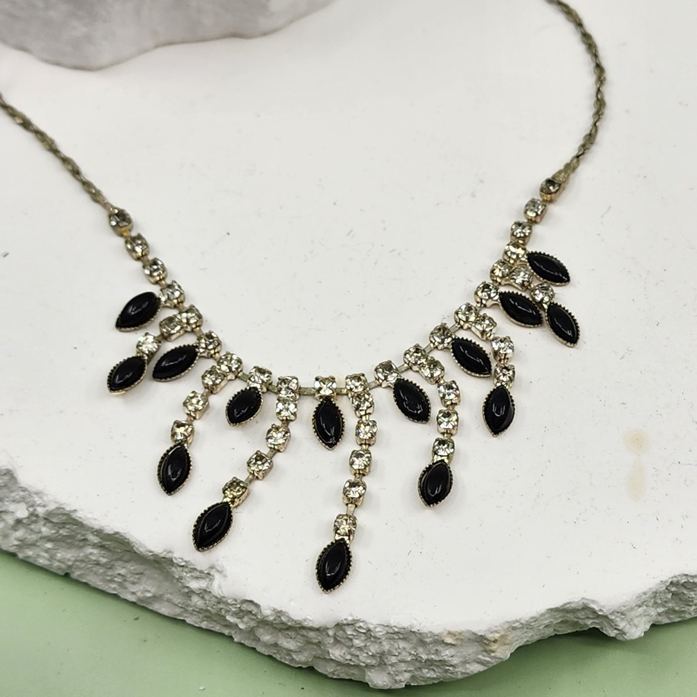 Black Marquise Cabochon Rhinestone Fringe Necklace Silver Tone Glam Statement